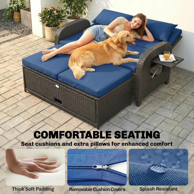 Outsunny Patio Rattan Daybed, Wicker Outdoor Daybed with Storage Ottoman, Loveseat w/ Adjustable Backrest, Navy Blue