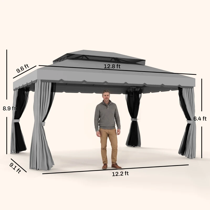 Outsunny 10' x 13' Patio Gazebo w/ Aluminum Frame Double Roof, Outdoor Gazebo Canopy Shelter with Netting & Curtains, Gray