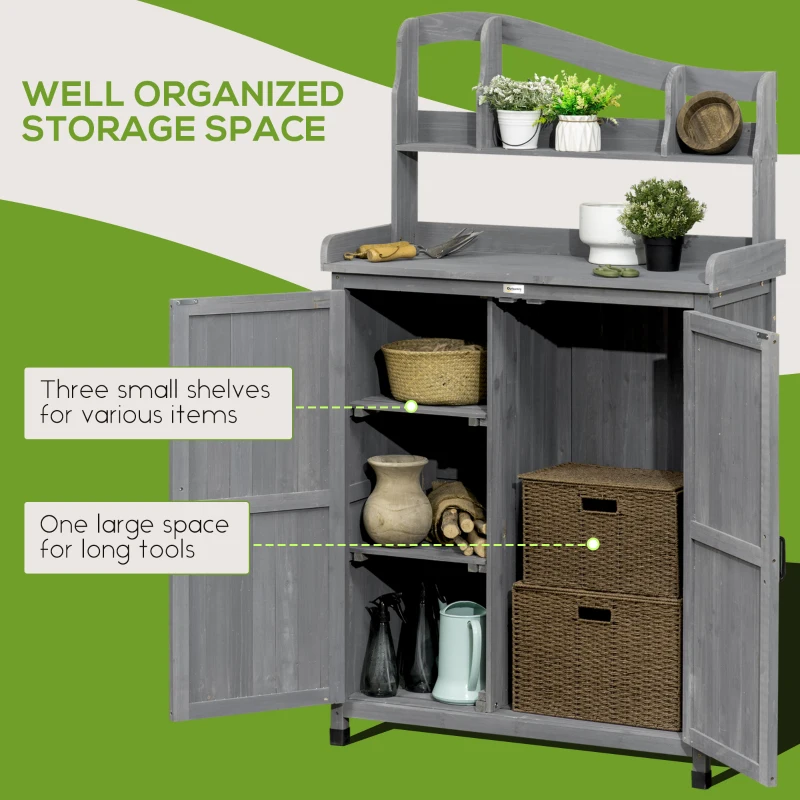 Outsunny Outdoor Storage Cabinet & Potting Table, Wooden Gardening Bench with Patio Cabinet and Magnetic Doors, Grey