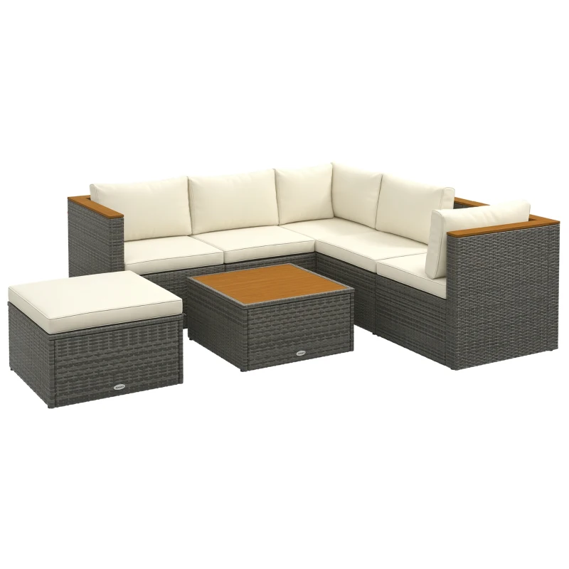Outsunny 7 Pieces Outdoor Patio Furniture Set, PE Rattan Wicker Sectional Sofa Set with Cushions, Coffee Table, White