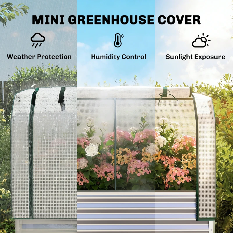 Outsunny Galvanised Raised Garden Bed with Greenhouse Cover, Metal Elevated Garden Bed with Bed Liner, Bottom Shelf, Silver