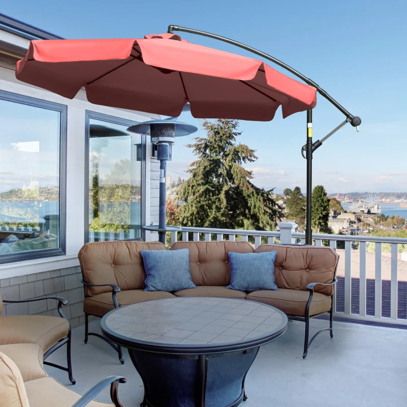 Outsunny 9' Offset Hanging Patio Umbrella, Cantilever Umbrella with Easy Tilt Adjustment, Cross Base and 8 Ribs for Backyard, Poolside, Lawn and Garden, Wine Red