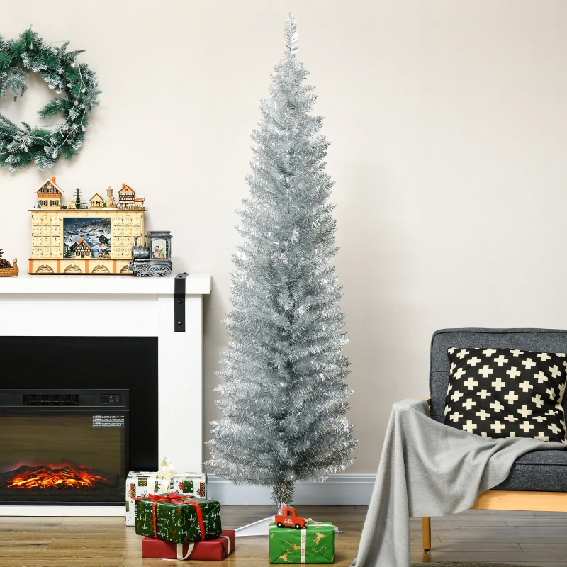 HOMCOM 6' Artificial Pencil Christmas Tree, Slim Xmas Tree with 390 Realistic Branch Tips and Plastic Stand, Silver