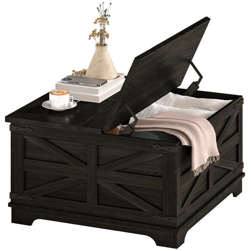 HOMCOM Farmhouse Coffee Table, Square Center Table with Flip-top Lids, Hidden Storage Compartment, Distressed Black