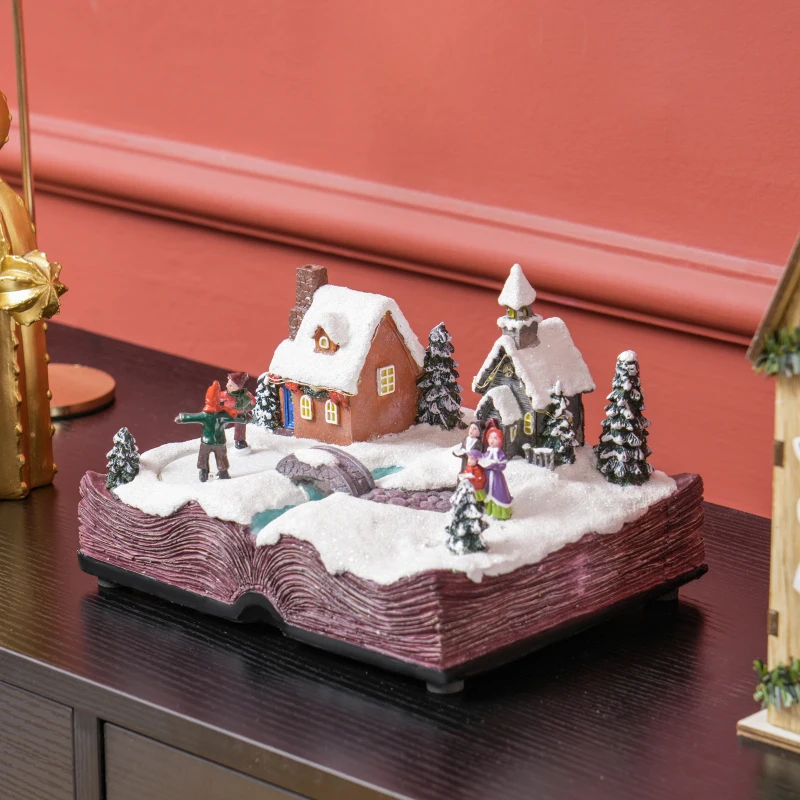 HOMCOM Christmas Village Houses with LED Lights, Music, Christmas Village Decoration with Rotating Ice Skaters, Battery Operated