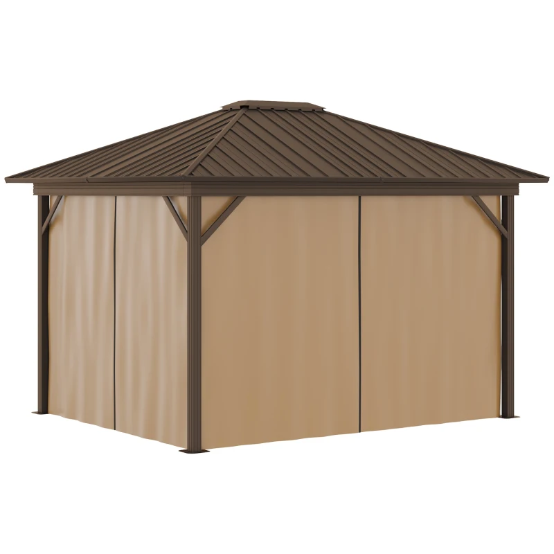 Outsunny 10' x 12' Hardtop Gazebo with Curtains and Netting, Permanent Pavilion Metal Single Roof Gazebo Canopy with Aluminum Frame and Hooks, for Garden, Patio, Backyard, Brown