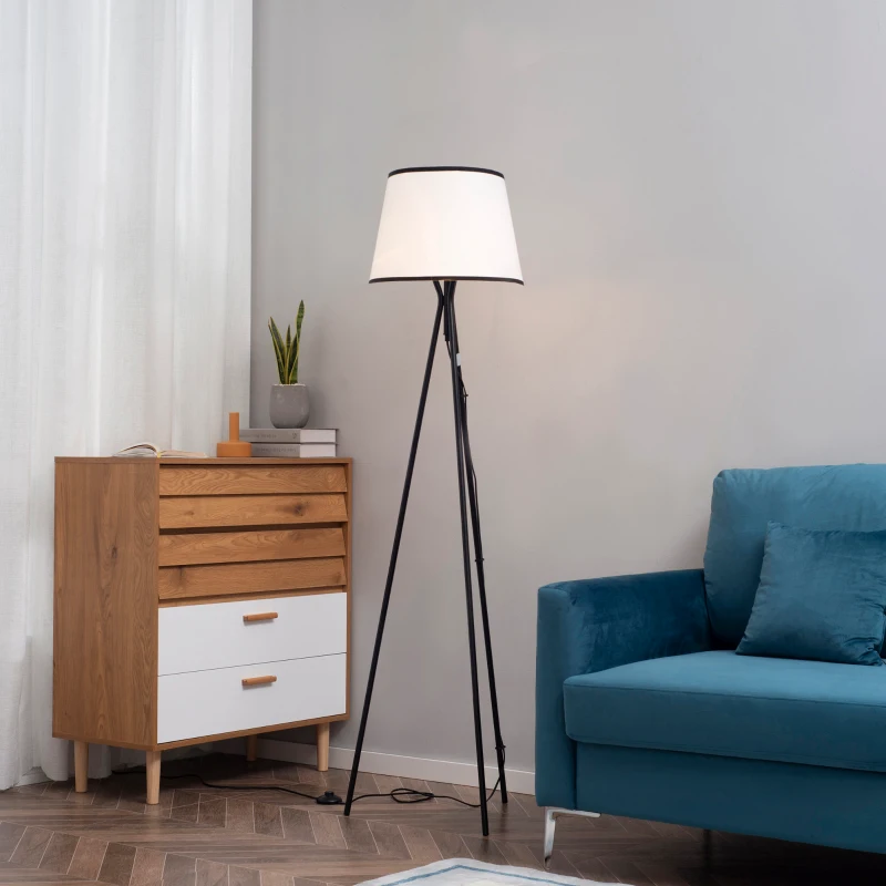 HOMCOM Modern Tripod Floor Lamp, Freestanding Lamp w/ Fabric Lampshade and E26 Base for Living Room, No Bulb - Black