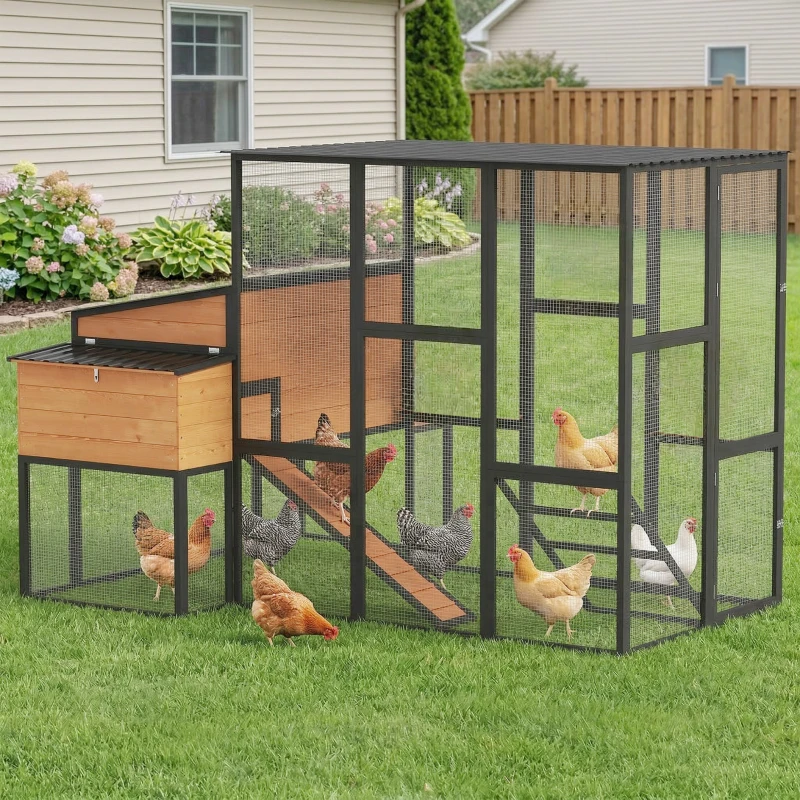 PawHut 105" Large Chicken Coop, Walk-in Wooden Hen House for 7-12 Hens, Poultry Cage Chicken House with Run, 2 Nesting Boxes