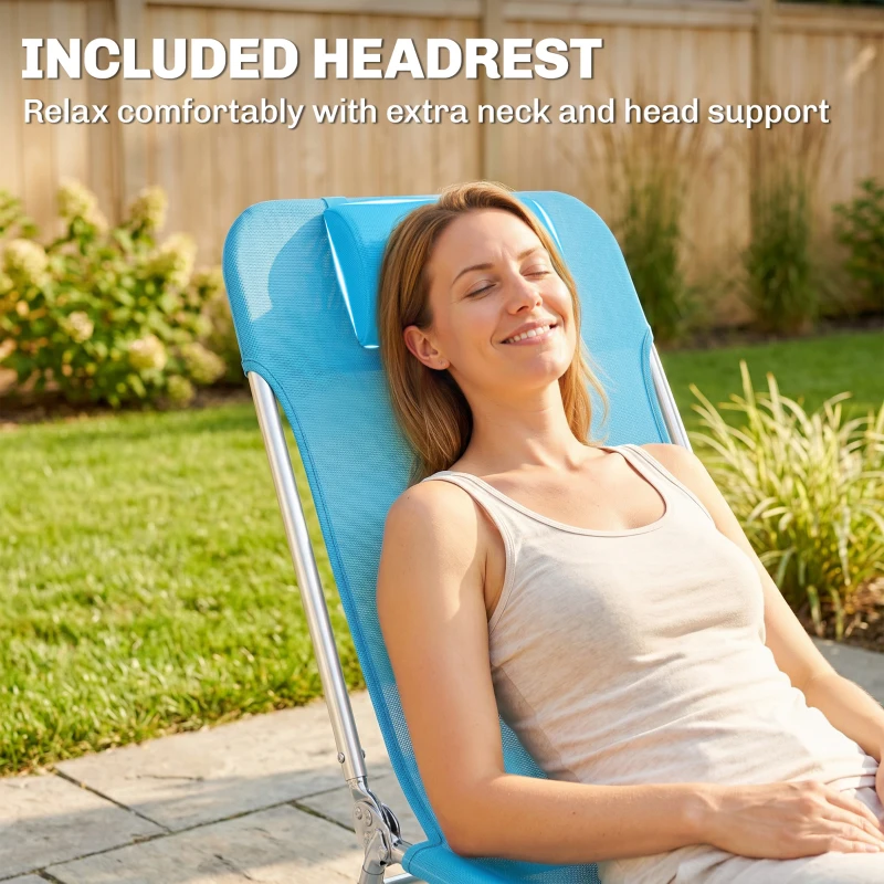 Outsunny 2 Piece Folding Chaise Lounge Chairs, Pool Sun Tanning Chairs with Reclining Back, Breathable Mesh Seat, Headrest, Blue
