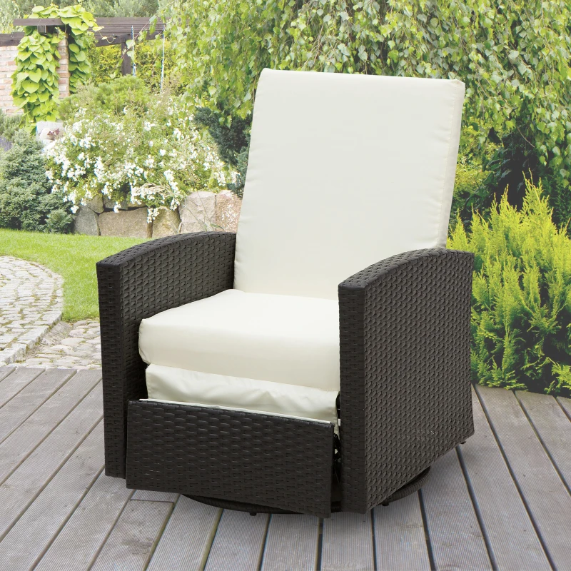 Outsunny Outdoor Wicker Swivel Recliner Chair, Reclining Backrest, Lifting Footrest, 360° Rotating Basic, Water Resistant Cushions for Patio, Cream White