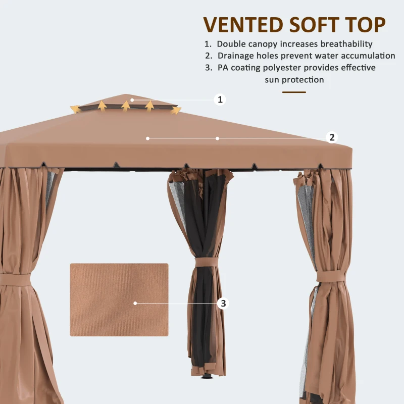 Outsunny 9.7' x 9.7' Patio Gazebo, Aluminum Frame Double Roof Outdoor Gazebo Canopy Shelter with Netting & Curtains, for Garden, Lawn, Backyard and Deck, Brown