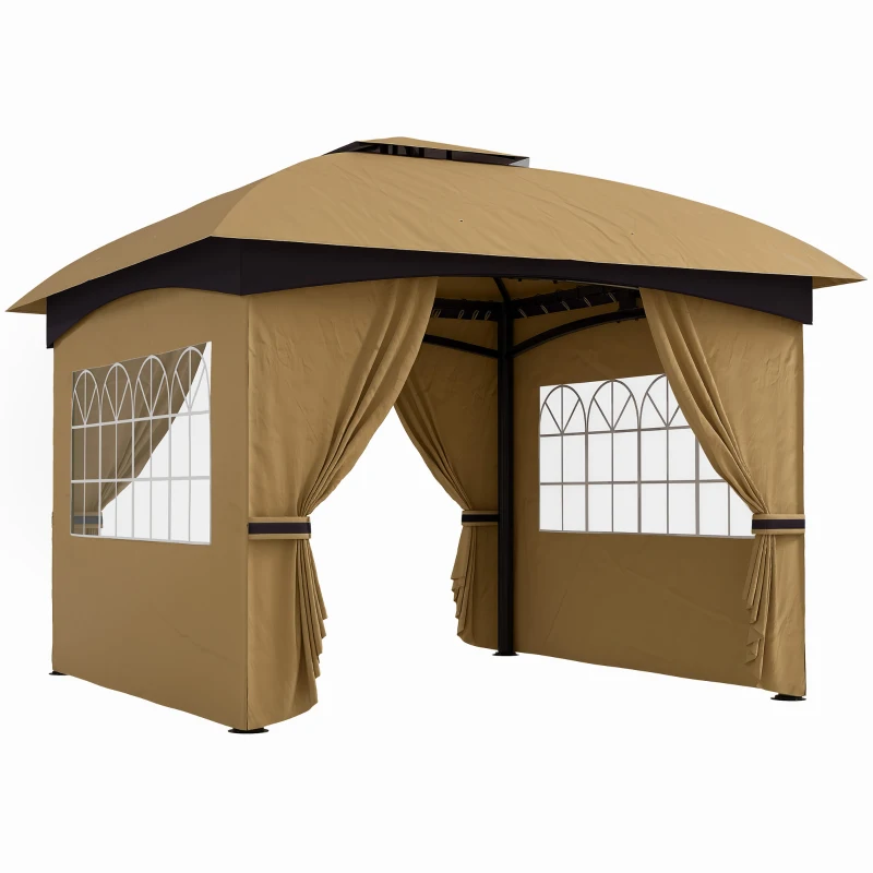 Outsunny 11' x 11' Outdoor Gazebo, Double Roof Patio Gazebo with Curtains, Church Windows, Galvanized Steel Frame, Beige