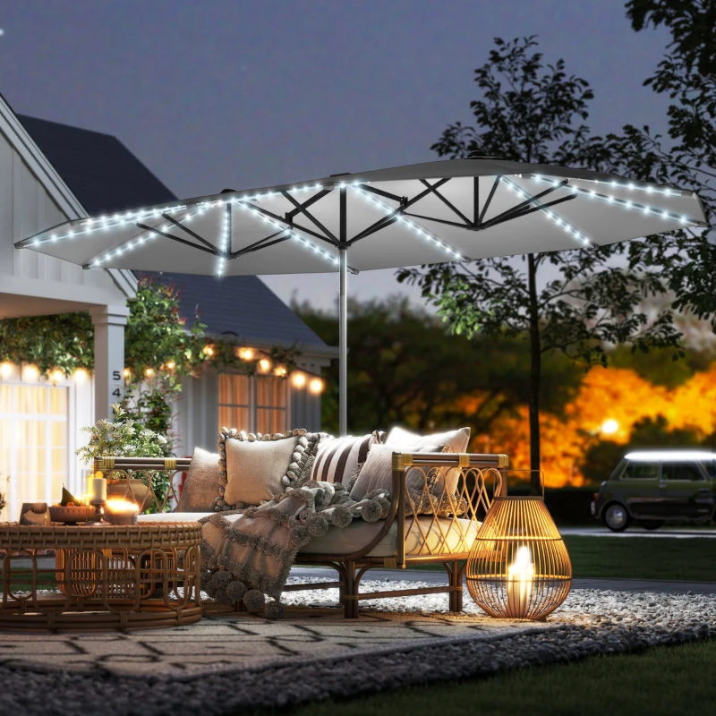 Outsunny 15ft Double-Sided Outdoor Umbrella with Solar Lights, UPF50+ Extra Large Aluminum Patio Umbrella with Crank, Dark Gray