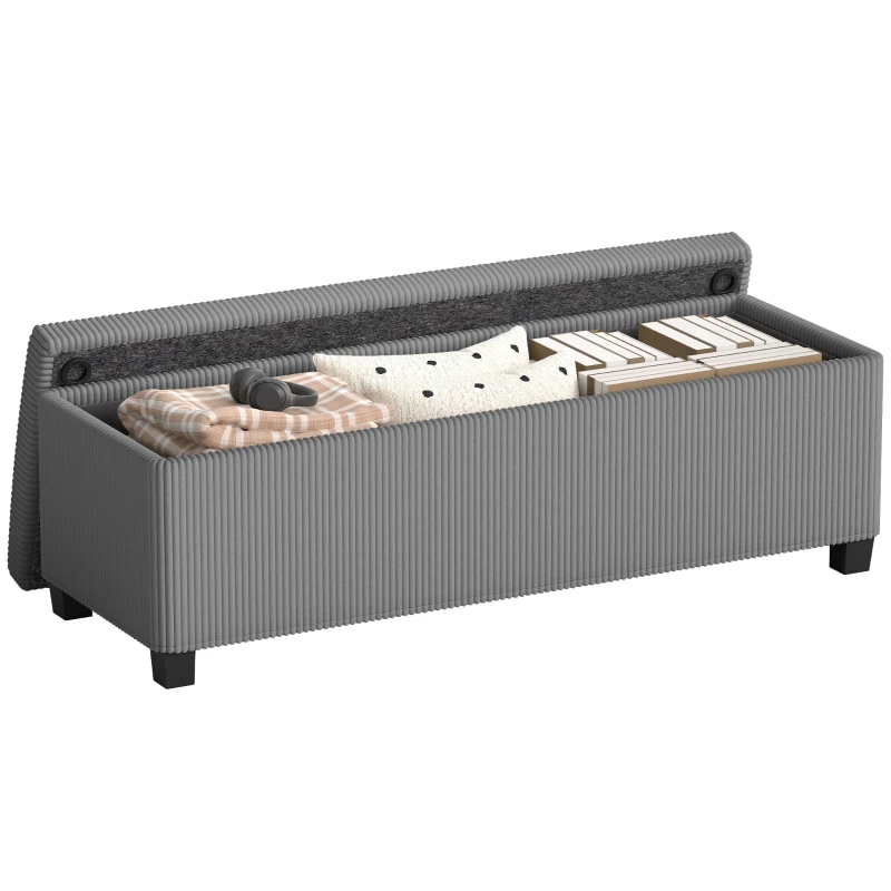 HOMCOM 47 Inches Storage Ottoman Bench, Foot Rest with Legs, End of Bed Bench, Corduroy Storage Chest for Living Room, Gray