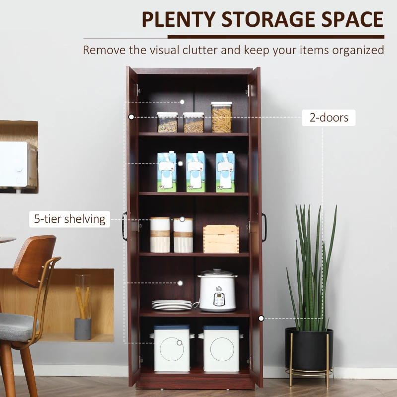 HOMCOM 63" 2-Door Kitchen Pantry, Freestanding Storage Cabinet with 5-tier Shelving and 2 Adjustable Shelves for Dining Room, Cherry Wood Color
