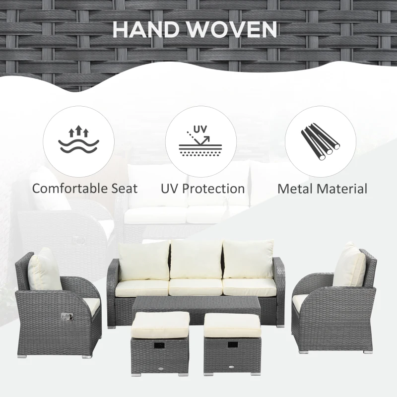 Outsunny 6-Piece Outdoor Rattan Patio Sectional Sofa Set with 3-Seat Couch, 2 Recliners, 2 Ottoman Footrests, & Coffee Table Conversation Set, Cream White