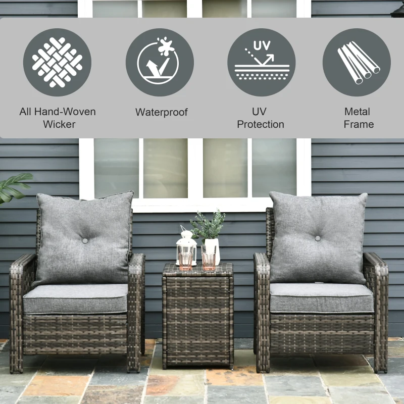 Outsunny 3 Piece Patio Furniture, PE Wicker Storage Table & Chairs, Gray