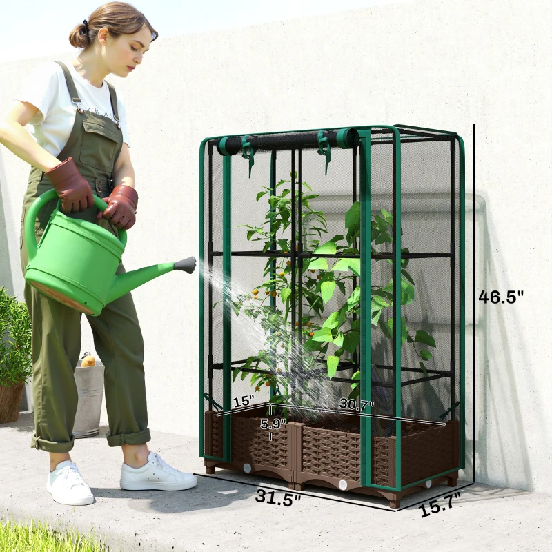 Outsunny Raised Garden Bed with Trellis, 46.5" Tomato Cage with Crop Cage, Self Watering Planter Box with Drainage Holes, Green
