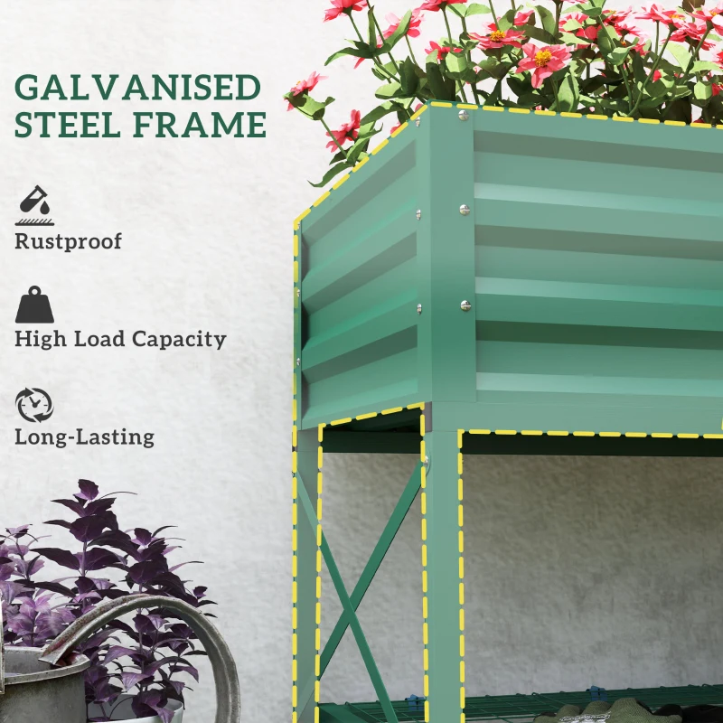 Outsunny Galvanized Raised Garden Bed, Metal Planter Box with Legs, Storage Shelf and Bed Liner, Green