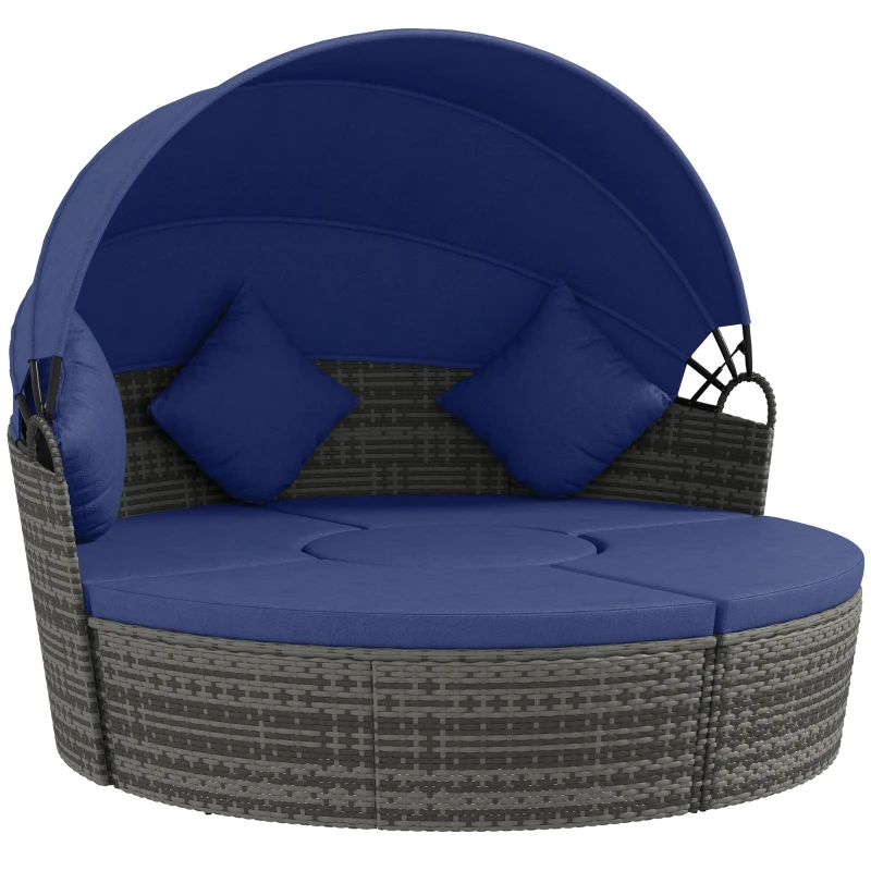 Outsunny 4 Piece Round Rattan Daybed Furniture Set, Canopy, Outdoor Sofa, 2 Chairs, Extending Table Ottoman Chair, Pillows, Blue