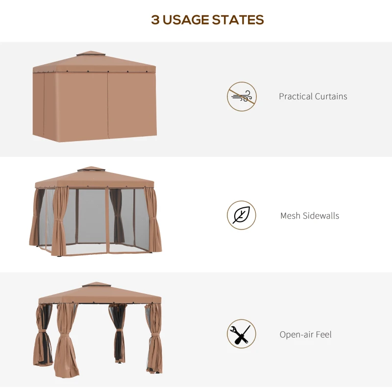 Outsunny 9.7' x 9.7' Patio Gazebo, Aluminum Frame Double Roof Outdoor Gazebo Canopy Shelter with Netting & Curtains, for Garden, Lawn, Backyard and Deck, Brown