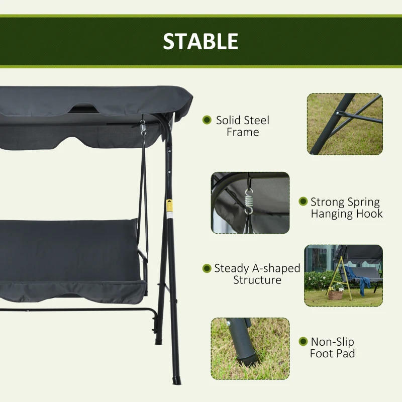 Outsunny 3-Seat Outdoor Patio Swing Chair with Removable Cushion, Steel Frame Stand and Adjustable Tilt Canopy for Patio, Garden, Poolside, Balcony, Backyard, Gray