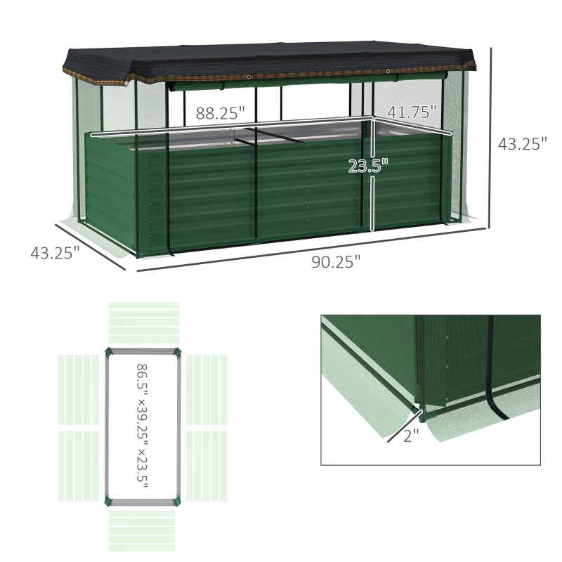 Outsunny Galvanized Steel Planter Box with Crop Cage and Shade Cloth, Raised Garden Bed for Flowers, Veggies and Herbs, Green