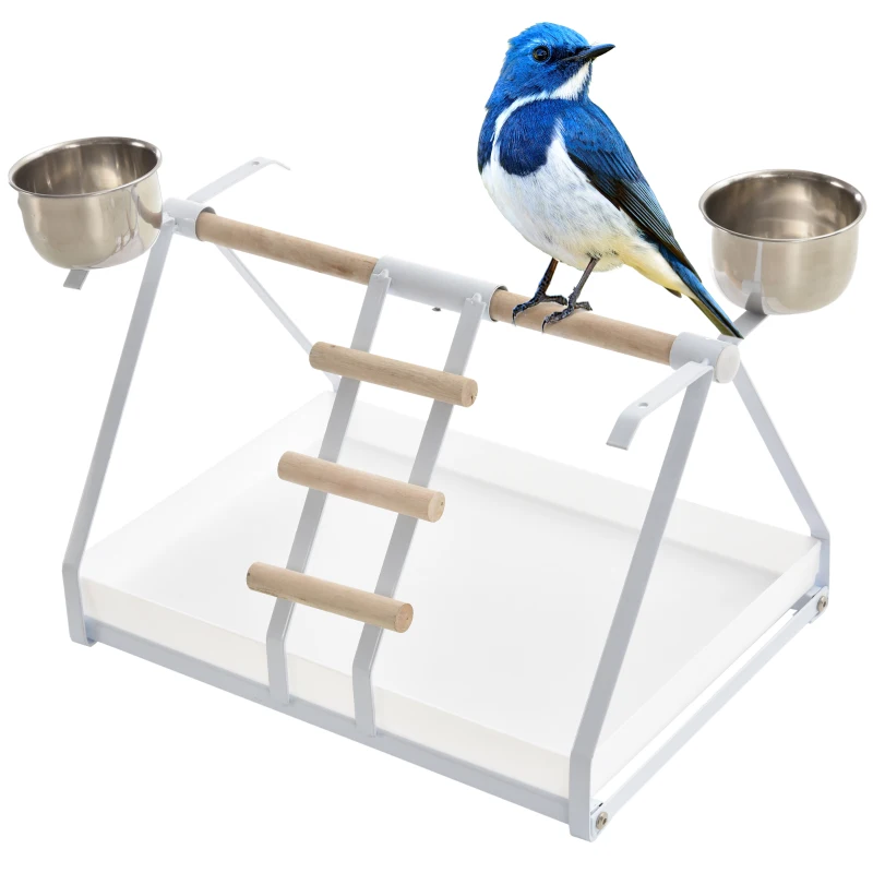 PawHut Portable Bird Play Perch Stand with Wooden Perch, Stainless Steel Feeding Bowls, & an Easy-Clean Tray, White