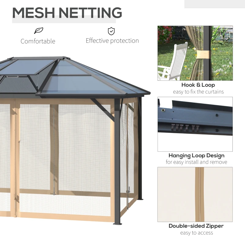 Outsunny 10' x 12' Hardtop Gazebo Canopy with Polycarbonate Roof, Aluminum Frame, Permanent Pavilion Outdoor Gazebo with Netting, for Patio, Garden, Backyard, Deck, Lawn, Gray, Brown