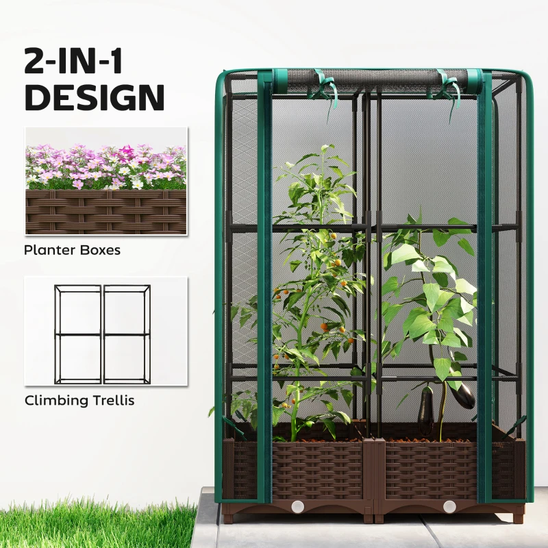 Outsunny Raised Garden Bed with Trellis, 46.5" Tomato Cage with Crop Cage, Self Watering Planter Box with Drainage Holes, Green