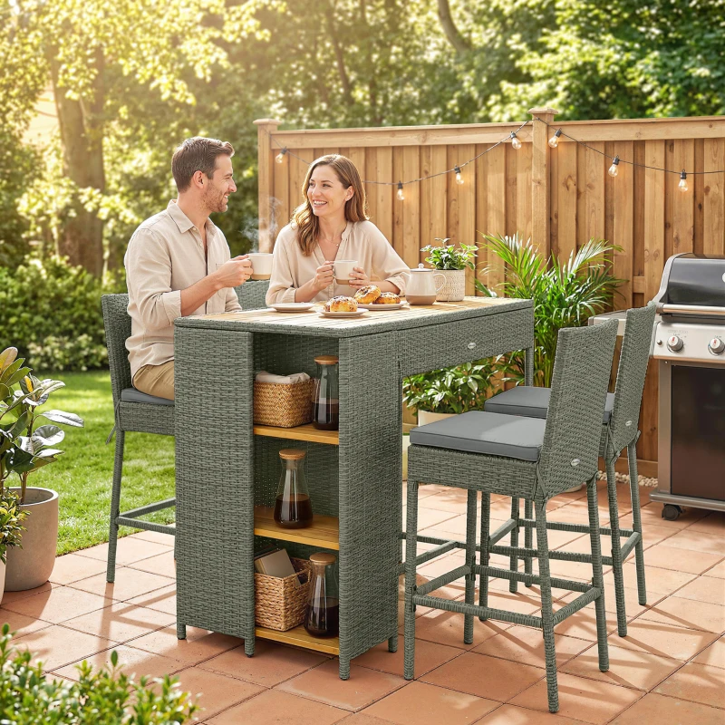 Outsunny 5 Piece Wicker Outdoor Bar Set, Acacia Wood Outdoor High Top Table and Chairs with 3 Tier Shelves, Cushions, Gray