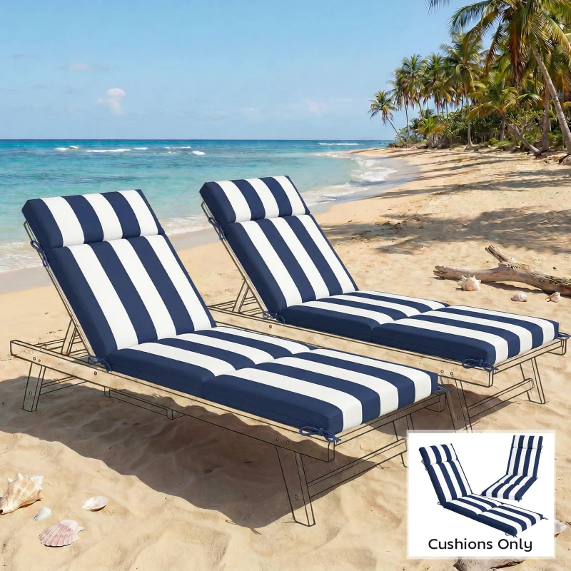 Outsunny Outdoor Chaise Lounge Cushions Set of 2 with 6 Ties, High-Density Foam, for Patio and Poolside, Dark Blue and White