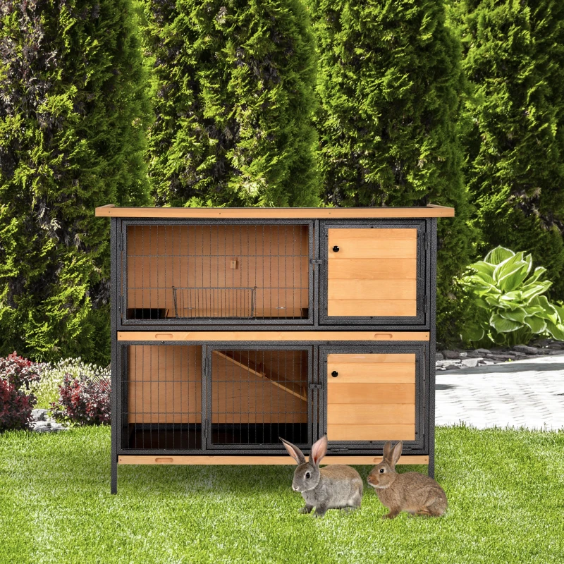PawHut 48" 2-Story Large Rabbit Hutch Bunny Cage Wooden Pet House Metal Frame with Rooms, Ramp, No Leak Tray, Feeding Trough
