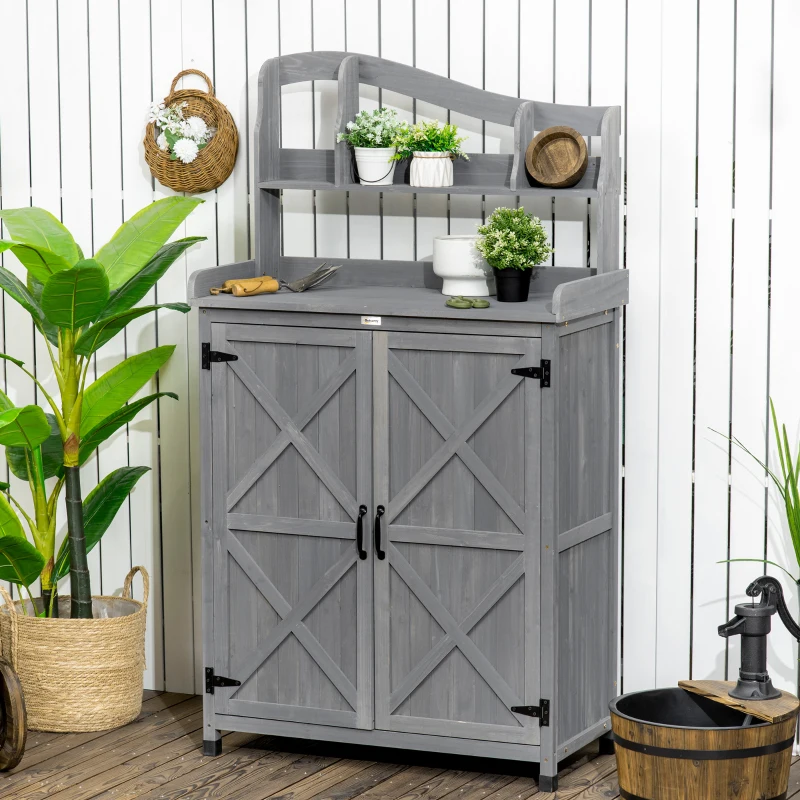 Outsunny Outdoor Storage Cabinet & Potting Table, Wooden Gardening Bench with Patio Cabinet and Magnetic Doors, Grey