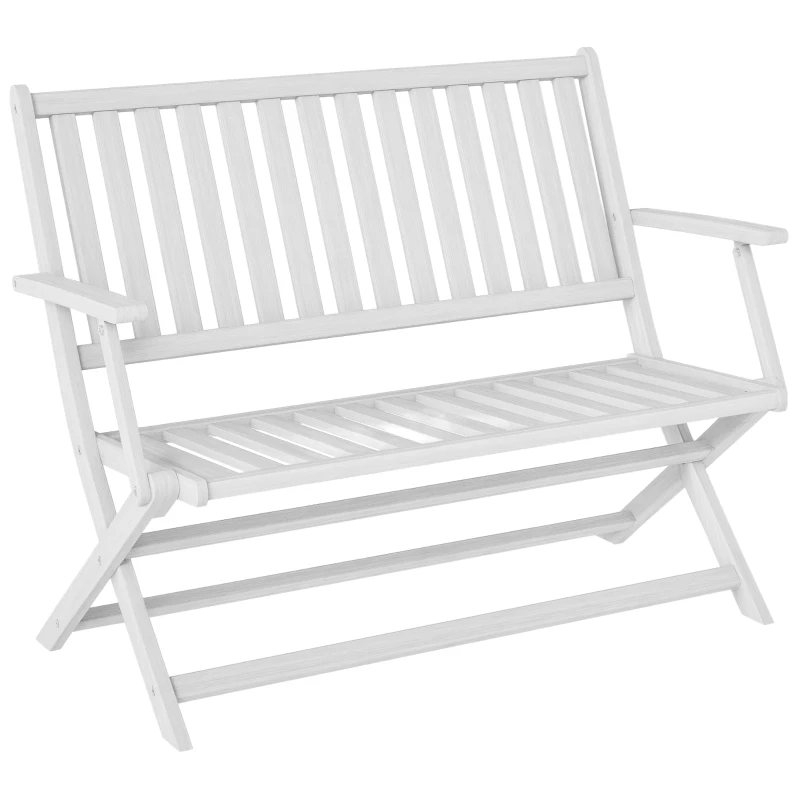 Outsunny 2-Person Foldable Wood Outdoor Bench with Backrest and Armrests for Garden, Porch, Park, Balcony, White