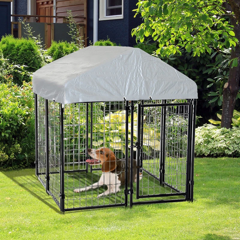 PawHut Outdoor Dog Kennel with Roof, 4' x 4' x 6' Heavy Duty Welded Wire Dog Playpen Enclosure with Lock, UV-Resistant & Water-Resistant Cover, for Medium Dogs, Chickens, Ducks, Silver
