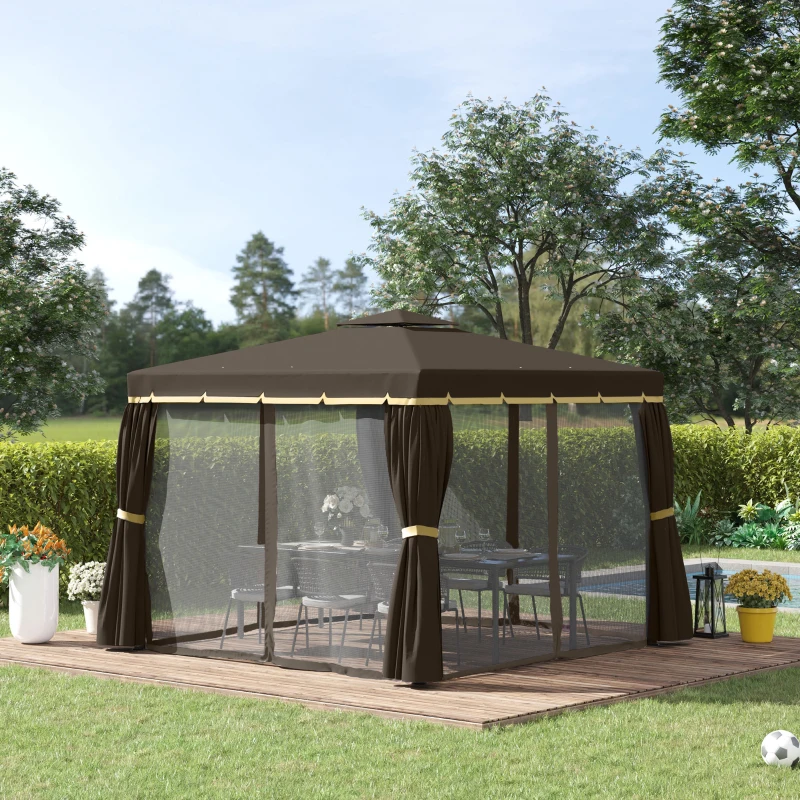 Outsunny 9.7' x 9.7' Patio Gazebo, Aluminum Frame Double Roof Outdoor Gazebo Canopy Shelter with Netting & Curtains, for Garden, Lawn, Backyard and Deck, Coffee