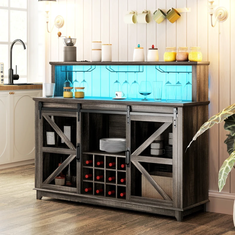 HOMCOM 55" Coffee Bar Cabinet with Lights, Farmhouse Wine Cabinet with Wine and Glass Racks for Kitchen, Dining Room, Brown