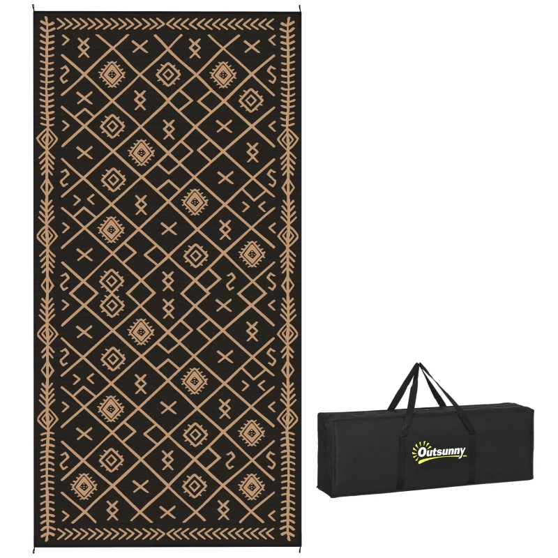 Outsunny Reversible Outdoor Rug, Waterproof Plastic Straw with Carry Bag, 9' x 18', Black & Brown Rhombus
