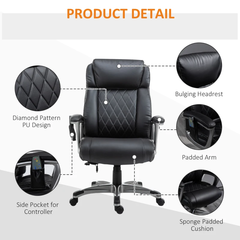 Vinsetto High Back 6-Point Massage Home Office Chair, Swivel Faux Leather Task Chair with Headrest, and Padded Armrests, Black