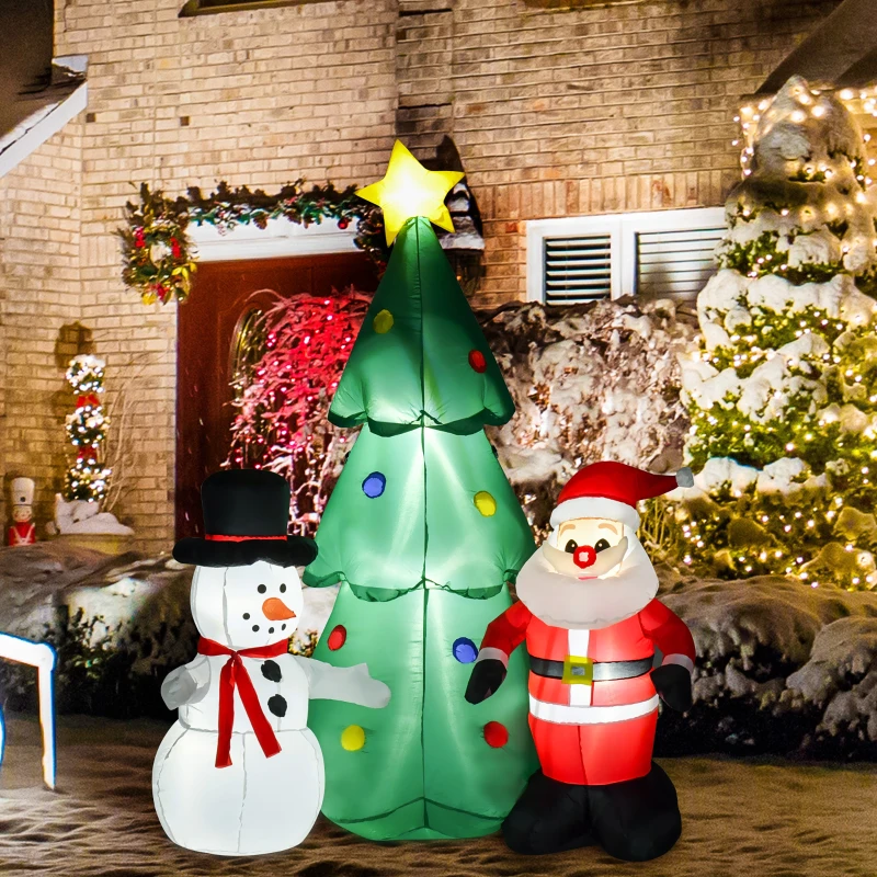 HOMCOM 6ft Christmas Inflatable Santa Claus and Snowman with Christmas Tree, Outdoor Blow-Up Yard Decoration with LED Lights Display