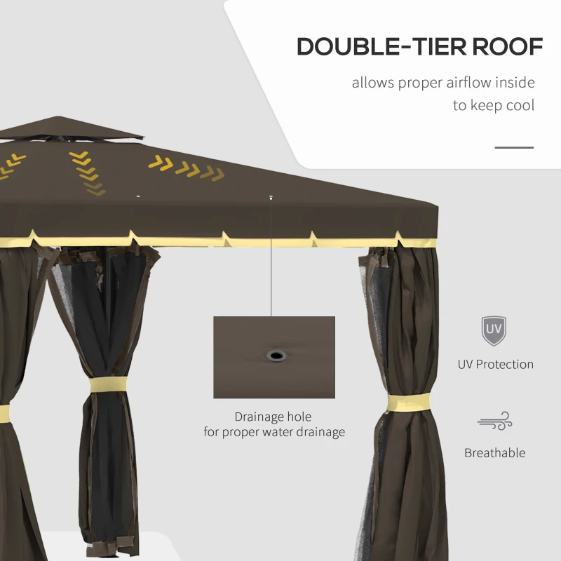 Outsunny 9.7' x 9.7' Patio Gazebo, Aluminum Frame Double Roof Outdoor Gazebo Canopy Shelter with Netting & Curtains, for Garden, Lawn, Backyard and Deck, Coffee