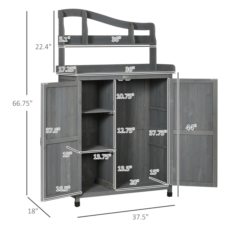 Outsunny Outdoor Storage Cabinet & Potting Table, Wooden Gardening Bench with Patio Cabinet and Magnetic Doors, Grey