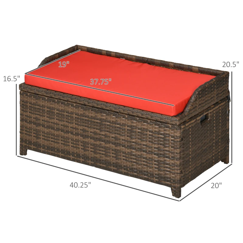 Outsunny 34 Gallon Outdoor Wicker Storage Bench Deck Box, PE Rattan Patio Furniture Pool Storage Bin Container with Interior Waterproof Cloth Bag and Comfortable Cushion, Red