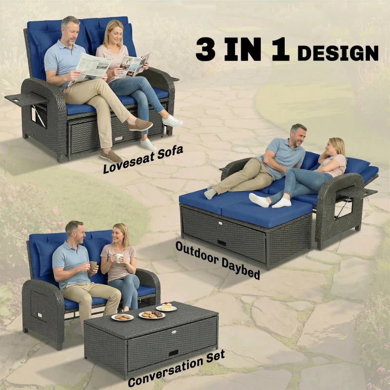 Outsunny Patio Rattan Daybed, Wicker Outdoor Daybed with Storage Ottoman, Loveseat w/ Adjustable Backrest, Navy Blue