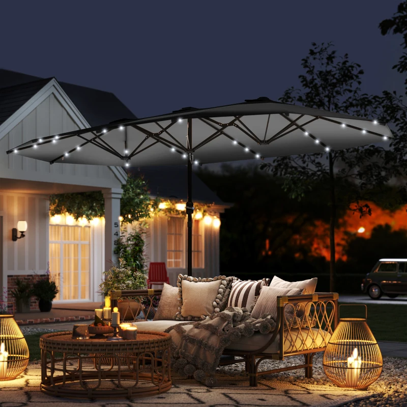 Outsunny Garden Parasol 14.4ft Double-Sided Sun Umbrella with Base, Patio Parasol with LED Solar Lights, Gray
