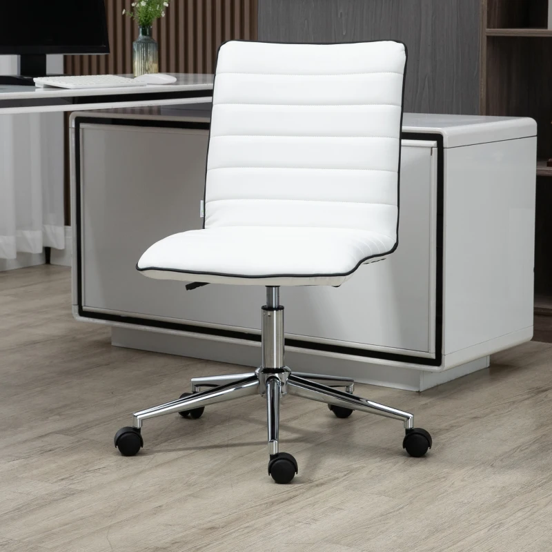 Vinsetto Mid-Back Armless Office Chair Task Chair with PU Leather, Adjustable Height and Swivel Seat Ribbed, White