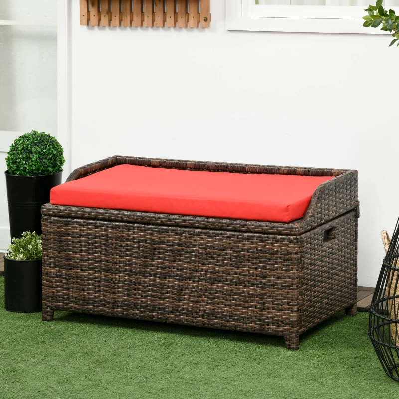 Outsunny 34 Gallon Outdoor Wicker Storage Bench Deck Box, PE Rattan Patio Furniture Pool Storage Bin Container with Interior Waterproof Cloth Bag and Comfortable Cushion, Red