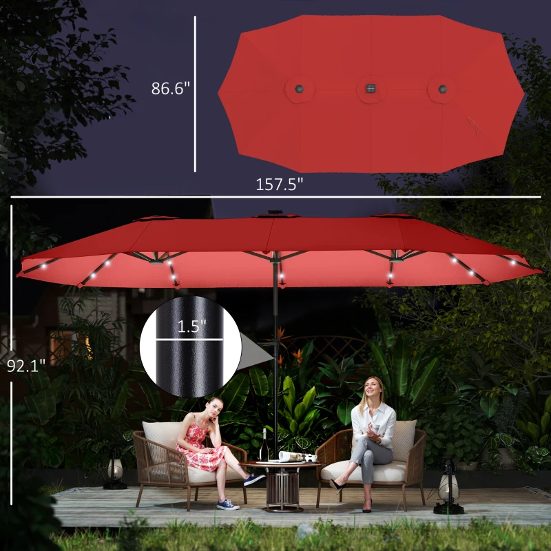 Outsunny 13ft Double-Sided Market Umbrella, Large Patio Umbrella with Solar Lights, Crank Handle for Garden, Pool, Yard, Wine Red