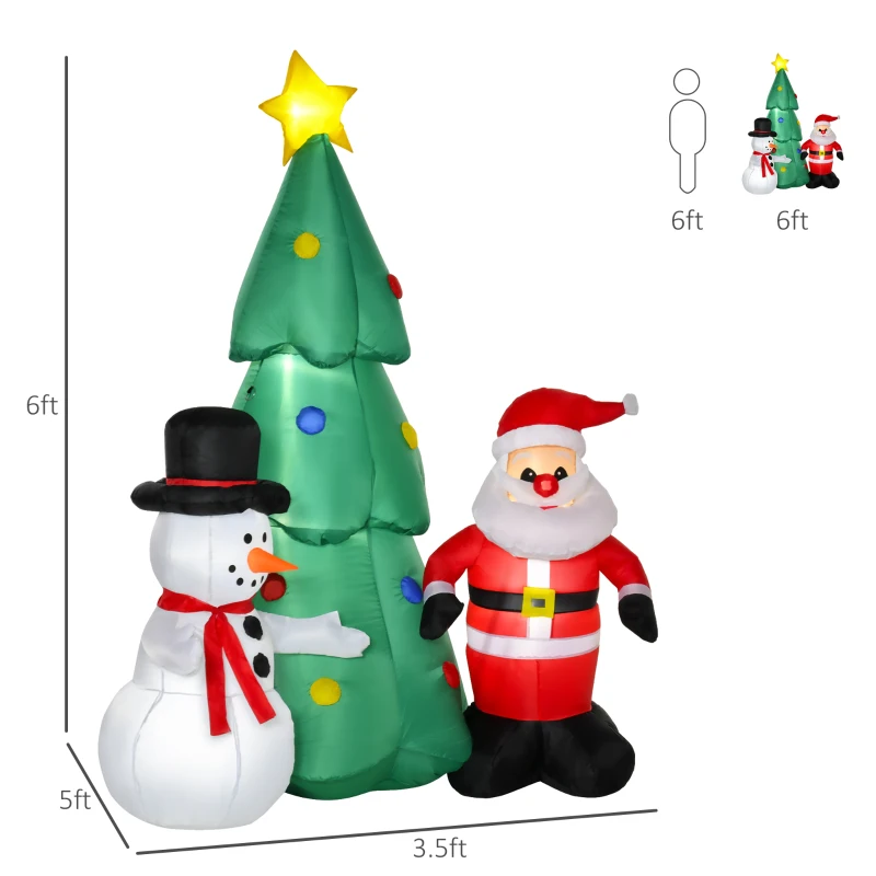 HOMCOM 6ft Christmas Inflatable Santa Claus and Snowman with Christmas Tree, Outdoor Blow-Up Yard Decoration with LED Lights Display